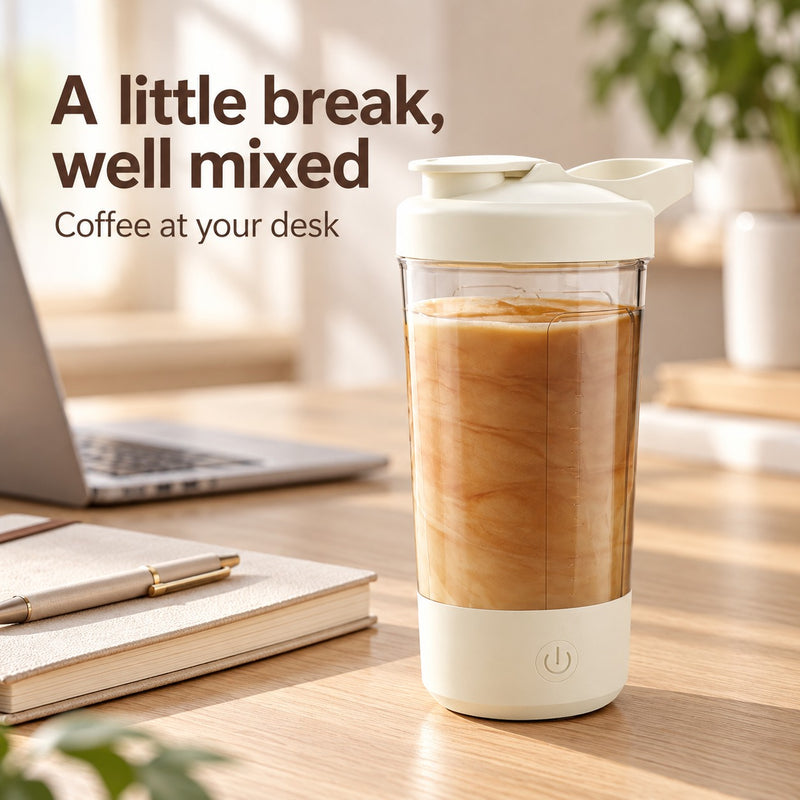 450 ml self-stirring coffee cup on a desk beside a notebook and laptop