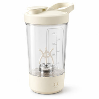 Cream 450 ml automatic stirring cup with clear body and flip-top lid on a white background