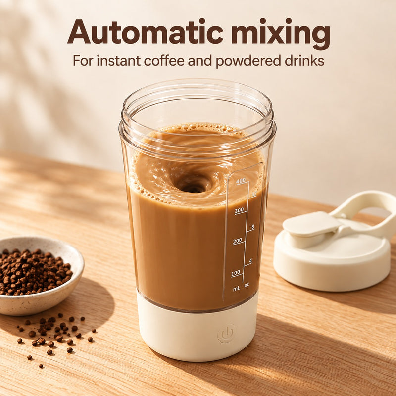 Automatic stirring cup mixing instant coffee with the lid removed