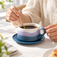 Coffee being stirred with the included gold-colored spoon in the blue gradient ceramic cup on its saucer at a breakfast table