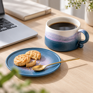 Blue gradient coffee cup beside a matching saucer holding cookies and a gold-colored spoon on a desk