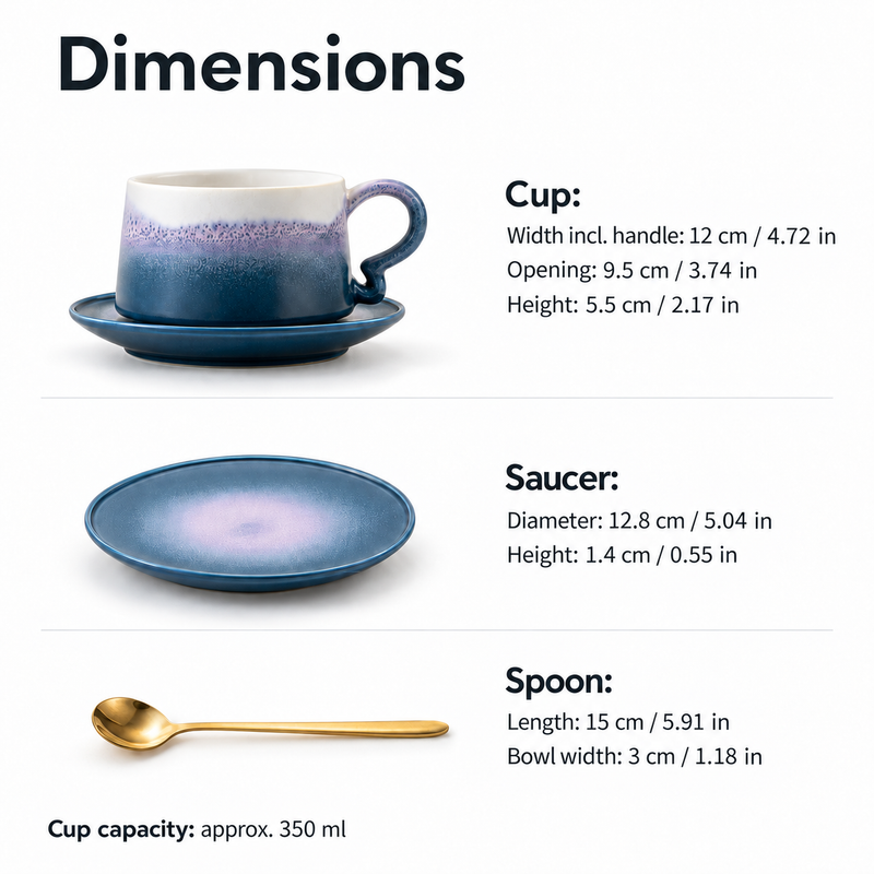 Dimensions of the 350 ml ceramic cup, matching saucer and spoon in centimeters and inches