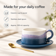 Blue gradient ceramic cup and saucer with stainless steel spoon and approximate 350 ml capacity information