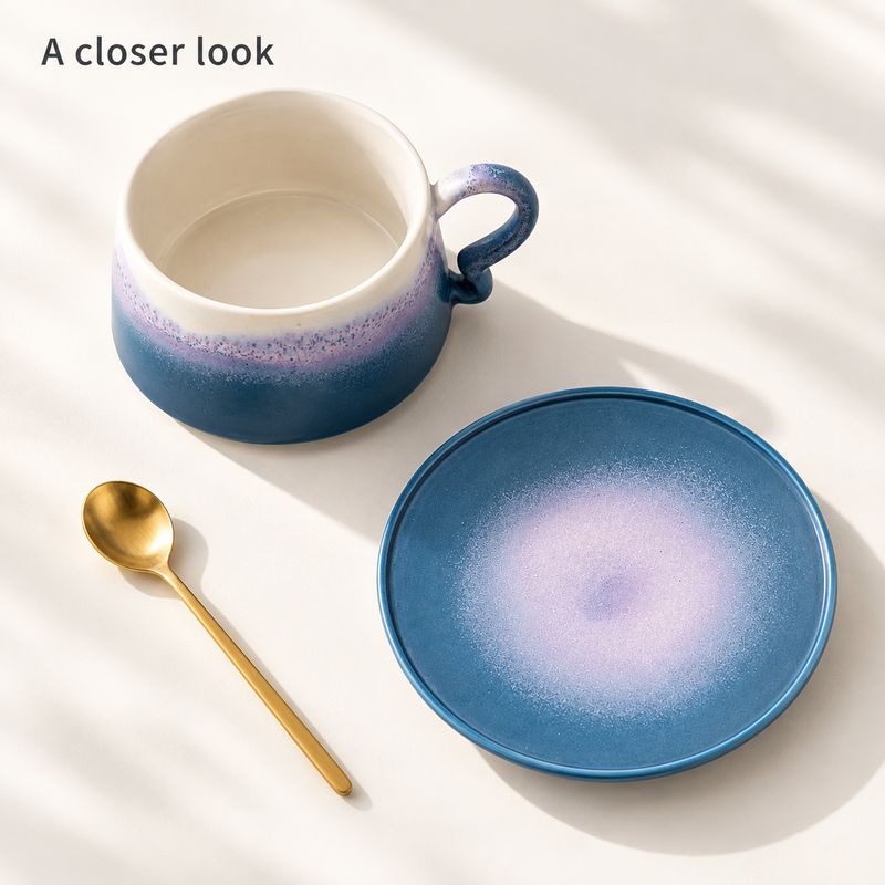 Overhead view of the ivory interior of the blue gradient ceramic cup with its matching saucer and gold-colored spoon