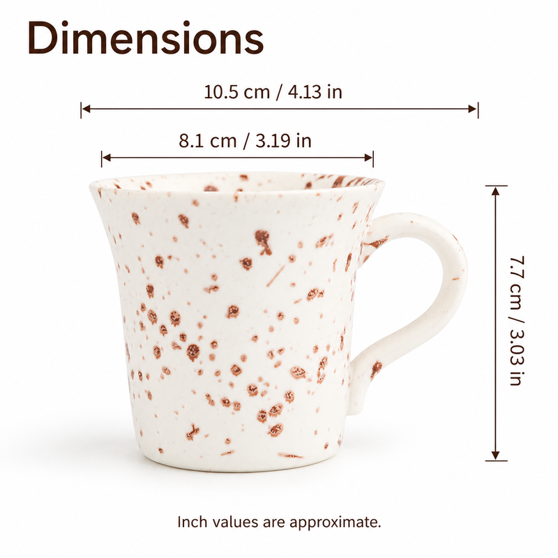 Dimensioni della tazza da caffè: 10,5 cm di larghezza manico incluso, 8,1 cm di diametro del bordo e 7,7 cm di altezza, anche in pollici