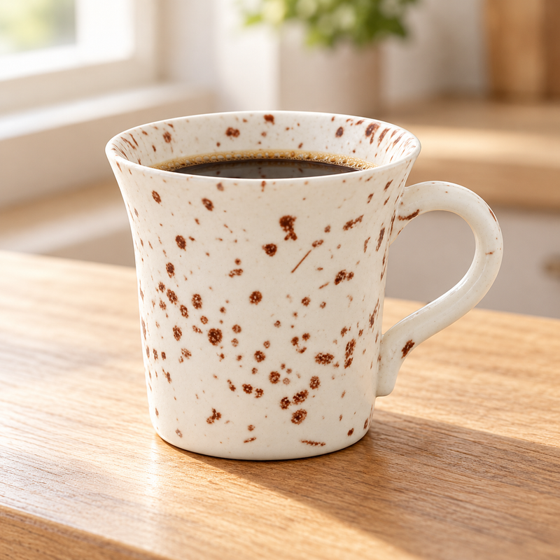 Tazza da caffè in ceramica da 170 ml con puntinatura marrone, piena di caffè, sul piano della cucina vicino a una finestra