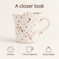 Tazza da caffè in ceramica con puntinatura marrone: capacità di 170 ml e peso di 166 g