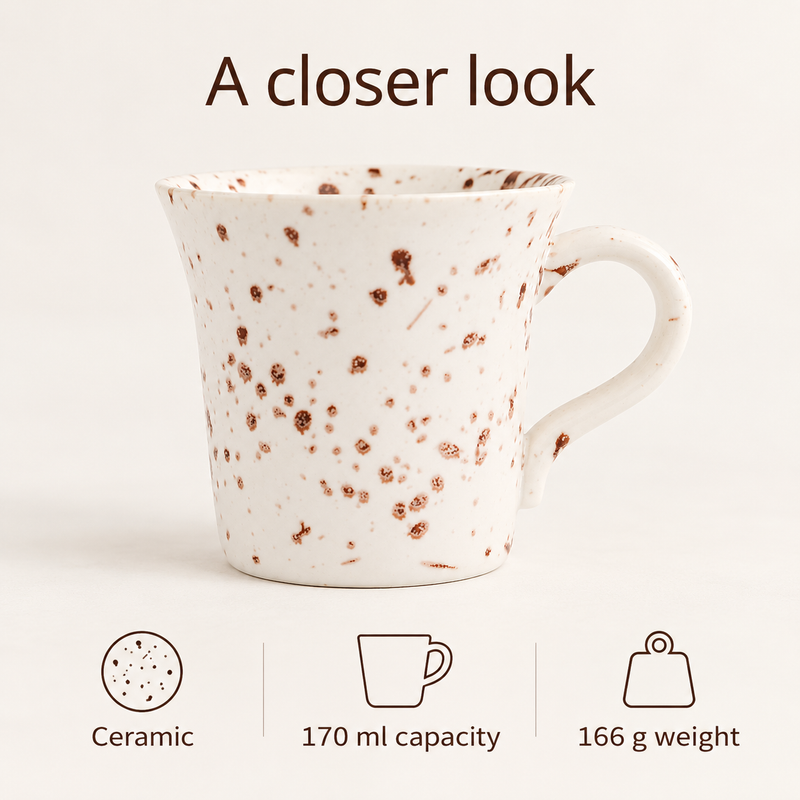 Tazza da caffè in ceramica con puntinatura marrone: capacità di 170 ml e peso di 166 g