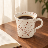 Tazza da caffè in ceramica con puntinatura marrone piena di caffè accanto a un libro aperto su un tavolo di legno