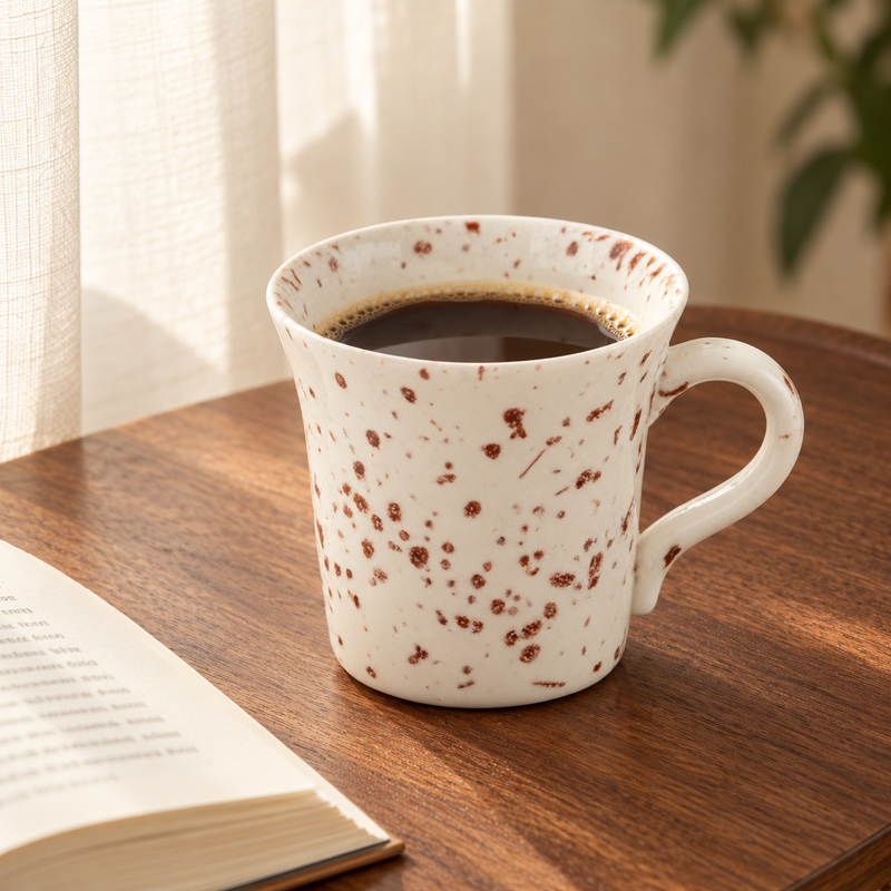 Tazza da caffè in ceramica con puntinatura marrone piena di caffè accanto a un libro aperto su un tavolo di legno