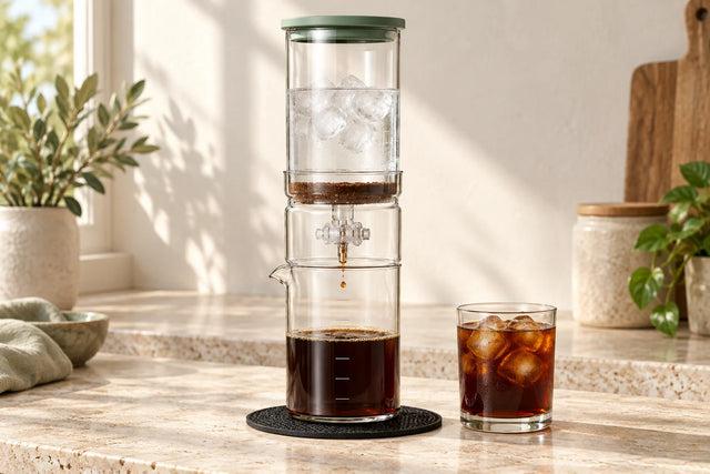 Glass cold-drip coffee maker in a bright kitchen