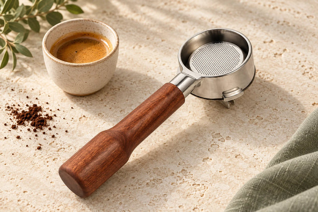 Wood-handled espresso portafilter beside a ceramic cup