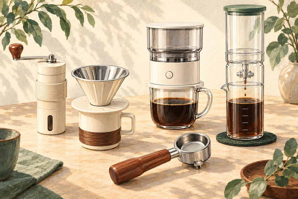 Illustrated overview of pour-over, travel, espresso and cold coffee equipment