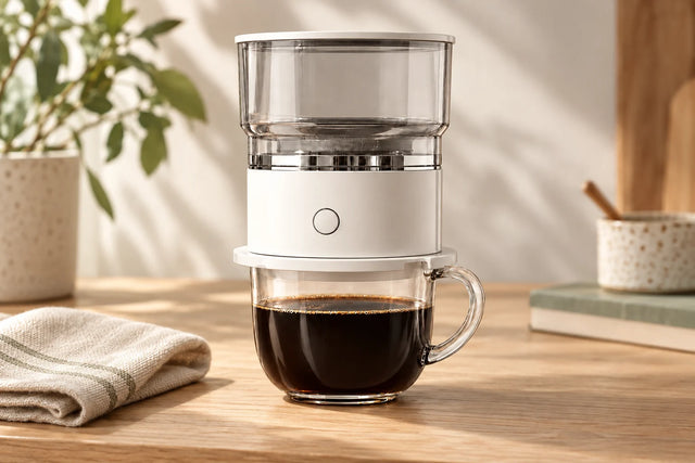 Portable automatic pour-over brewer beside a coffee cup