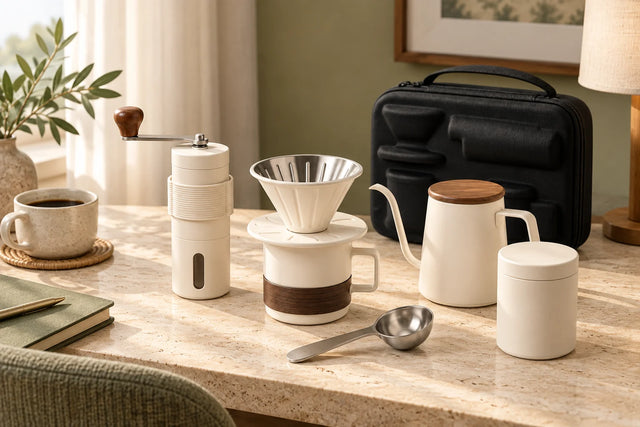 Travel coffee equipment arranged on a hotel desk