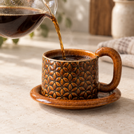 Black coffee poured into the amber floral ceramic cup on its matching saucer