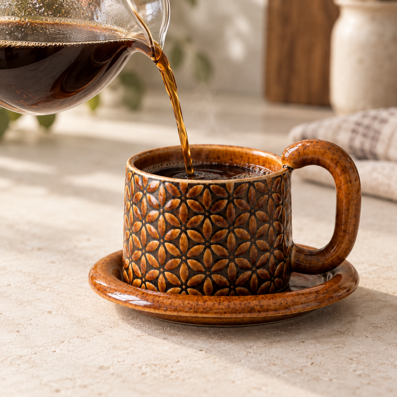 Black coffee poured into the amber floral ceramic cup on its matching saucer