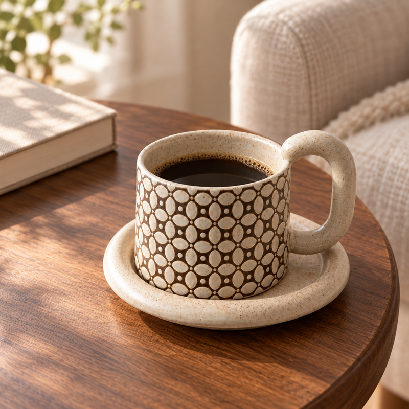 Ivory clover-patterned ceramic cup with coffee on a saucer beside a book
