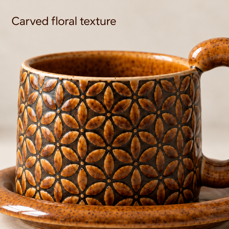Close-up of the amber cup's carved six-petal floral texture