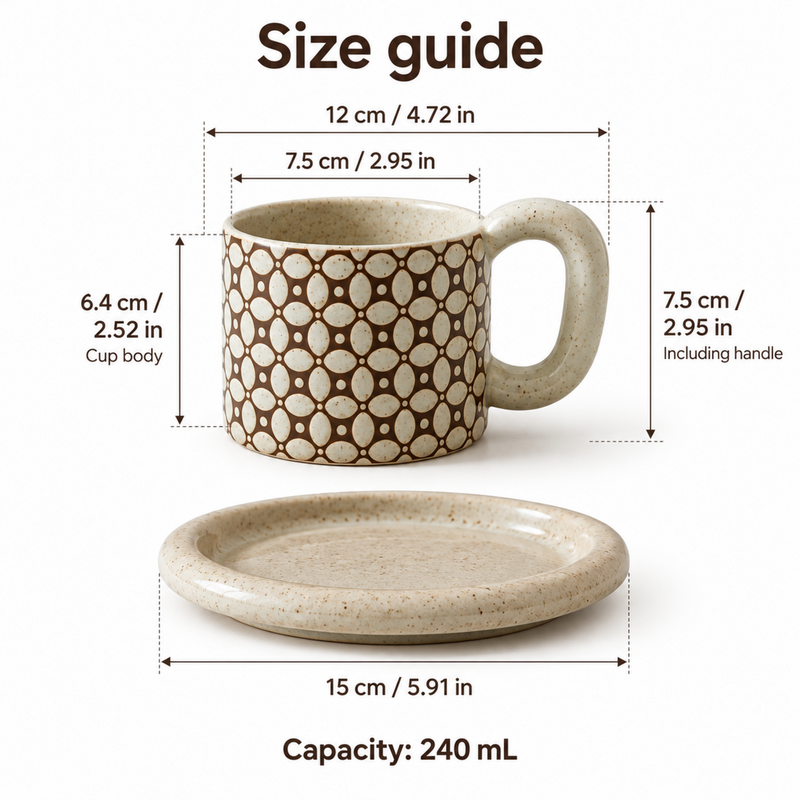 240 ml ceramic cup and saucer dimensions in centimeters and inches