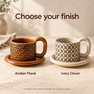 Amber Floral and Ivory Clover cup and saucer options displayed side by side