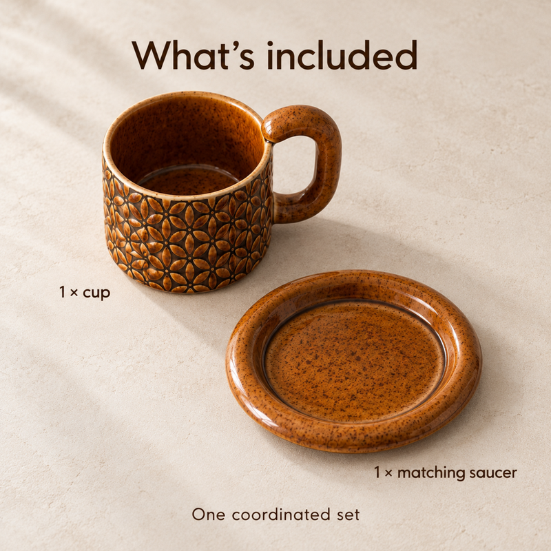 One amber floral ceramic cup and one matching saucer displayed separately