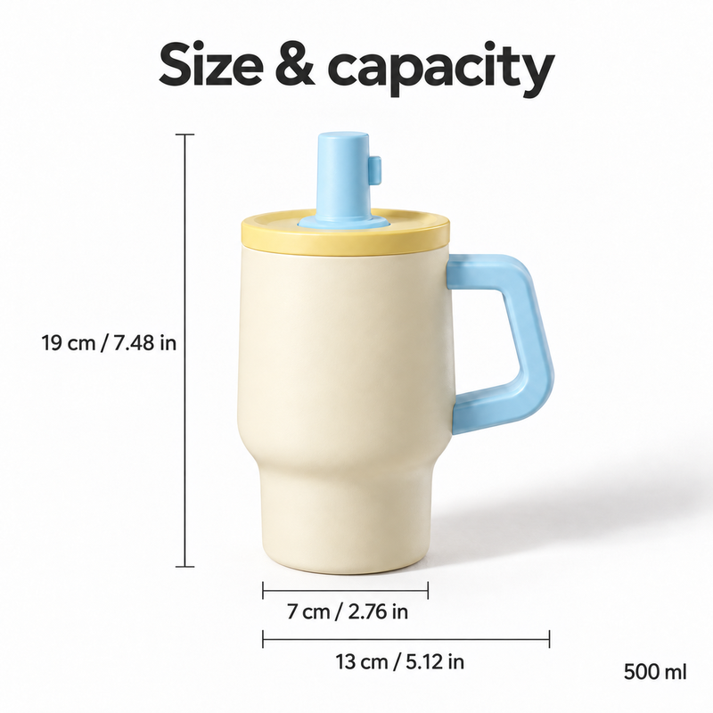 Dimensiones del vaso de 500 ml: 19 cm de altura total, 13 cm de ancho con asa y 7 cm de diámetro en la base