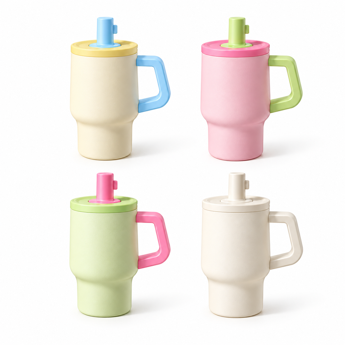 Cuatro vasos de 500 ml con recubrimiento cerámico en crema y azul, rosa y verde, verde y rosa y marfil sobre fondo blanco