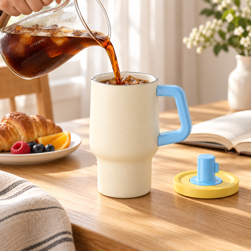 Café helado vertido en el vaso crema y azul de 500 ml junto a su tapa amarilla en el desayuno