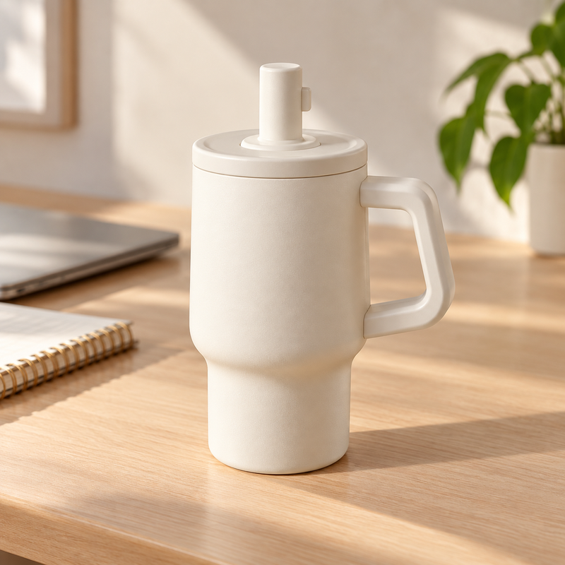 Vaso marfil con recubrimiento cerámico, asa y tapón de pajita cerrado en un escritorio en casa