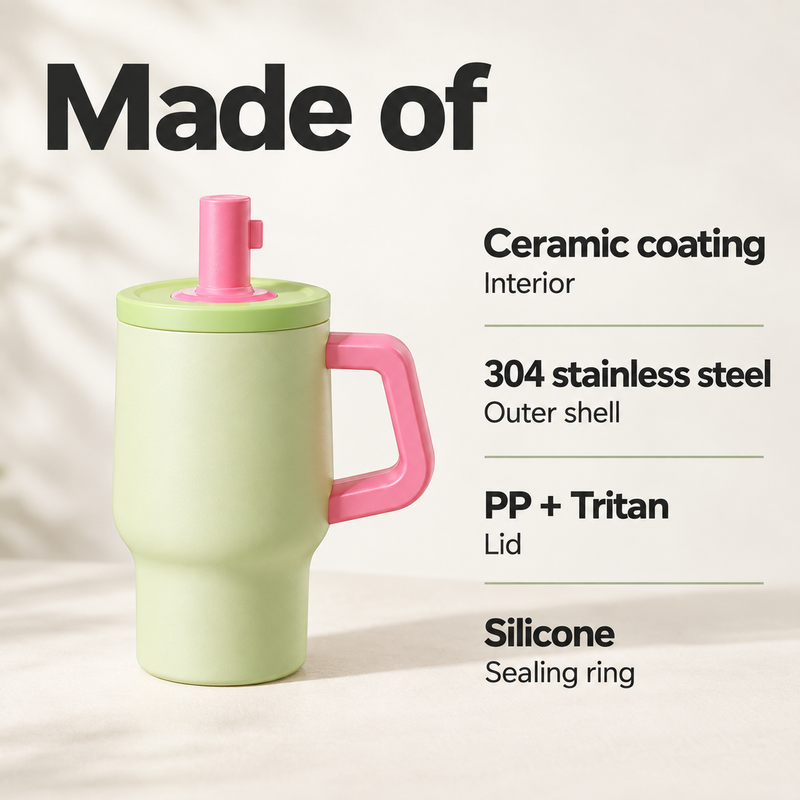 Vaso verde y rosa con interior de recubrimiento cerámico, exterior de acero inoxidable 304, tapa de PP y Tritan y junta de silicona