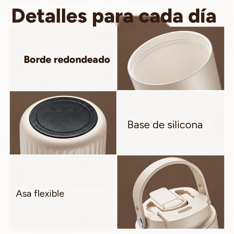 Tres primeros planos del vaso beige: borde redondeado, base de silicona negra y asa flexible
