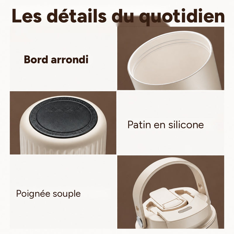 Trois gros plans du gobelet beige : bord arrondi, patin en silicone noir et poignée souple