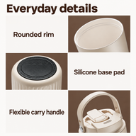 Three close-ups of the beige tumbler showing the rounded rim, black silicone base pad and flexible carry handle.