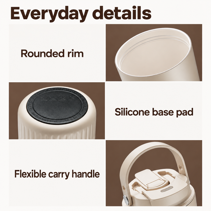Three close-ups of the beige tumbler showing the rounded rim, black silicone base pad and flexible carry handle.
