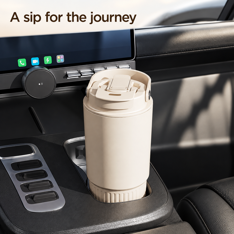 Latte Beige 800 ml tumbler with closed lid and folded carry handle in a car center-console cup holder.