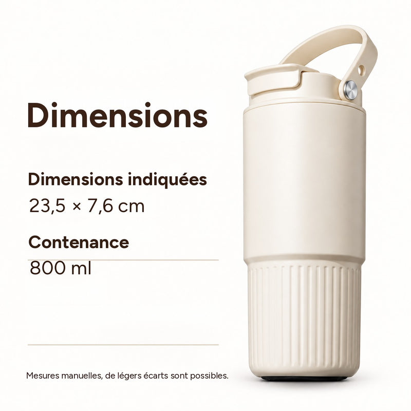 Dimensions du gobelet de 800 ml : 23,5 × 7,6 cm, contenance 800 ml