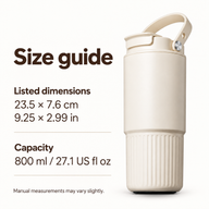 800 ml tumbler size guide showing listed dimensions of 23.5 by 7.6 cm or 9.25 by 2.99 in, and capacity of 800 ml or 27.1 US fl oz.