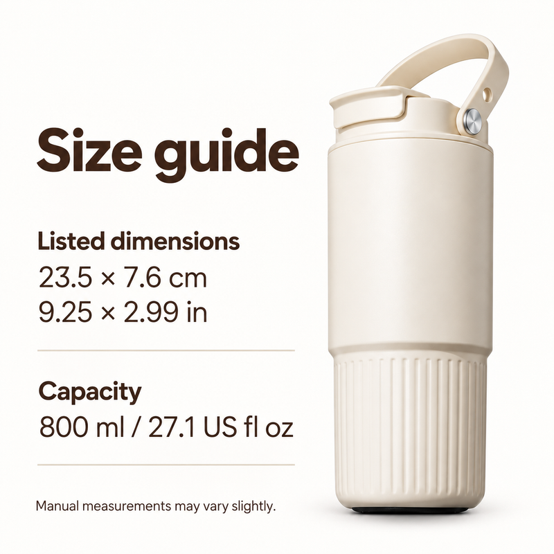800 ml tumbler size guide showing listed dimensions of 23.5 by 7.6 cm or 9.25 by 2.99 in, and capacity of 800 ml or 27.1 US fl oz.