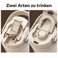 Nahaufnahmen der Trinkhalm- und der Direkttrinköffnung im beigen Becherdeckel