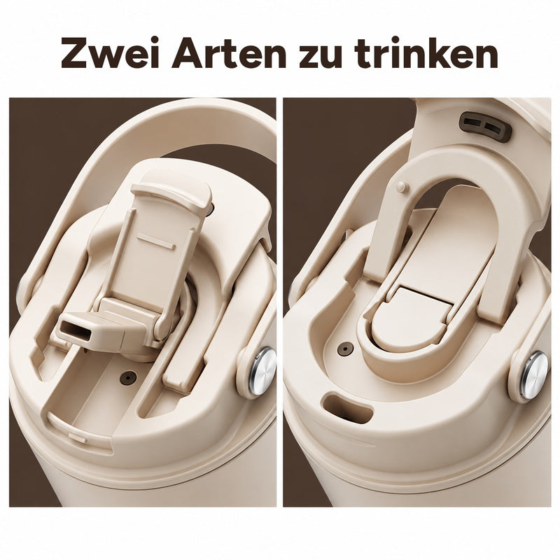 Nahaufnahmen der Trinkhalm- und der Direkttrinköffnung im beigen Becherdeckel