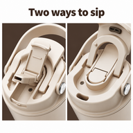 Close-up views of the straw-drink opening and direct-sip opening on the beige tumbler lid.