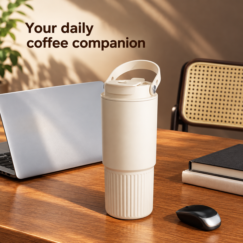 Latte Beige 800 ml tumbler with carry handle on a wooden desk beside a notebook and laptop.