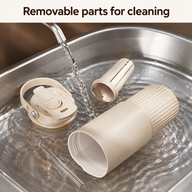 Beige tumbler body, lid with carry handle, slotted tea infuser and clear straw disassembled for rinsing in a sink.