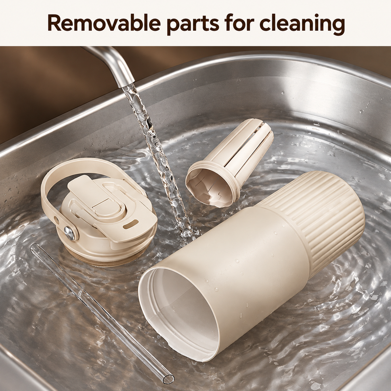 Beige tumbler body, lid with carry handle, slotted tea infuser and clear straw disassembled for rinsing in a sink.