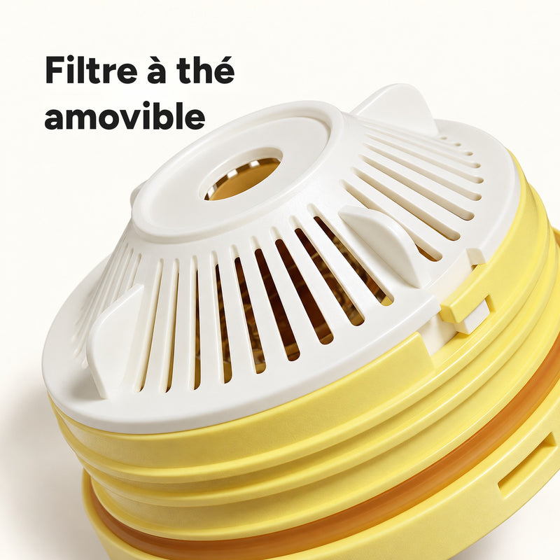 Gros plan sur le filtre à thé blanc amovible sous le couvercle jaune