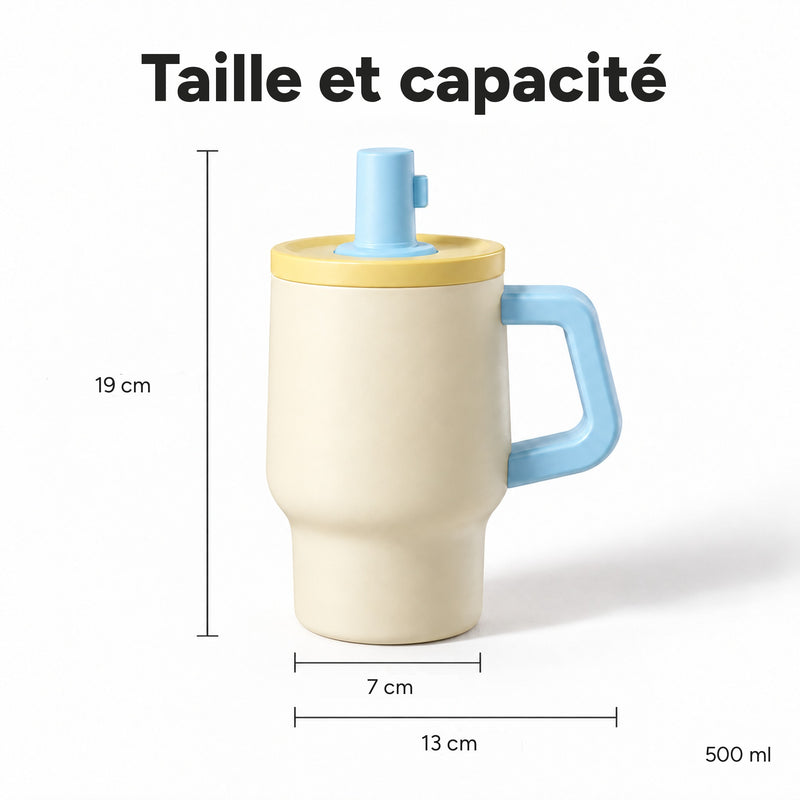 Gobelet de 500 ml : 19 cm de haut, base de 7 cm et 13 cm de large avec l’anse