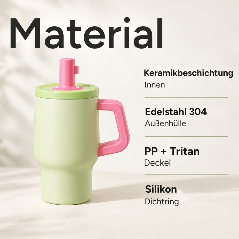 Becher Grün & Rosa: Keramikbeschichtung innen, Außenhülle aus Edelstahl 304, Deckel aus PP + Tritan, Dichtring aus Silikon