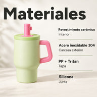 Vaso verde y rosa: revestimiento interior de cerámica, carcasa de acero inoxidable 304, tapa de PP + Tritan, junta de silicona