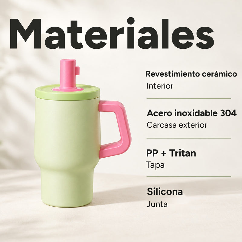Vaso verde y rosa: revestimiento interior de cerámica, carcasa de acero inoxidable 304, tapa de PP + Tritan, junta de silicona